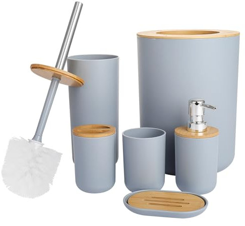Bathroom Accessories Set - 6-piece Modern White Bathroom Accessories Set - Includes Trash Can Toilet Brush Toothbrush Holder Soap Dispenser Soap Dish and Mouthwash Cup (Grey)