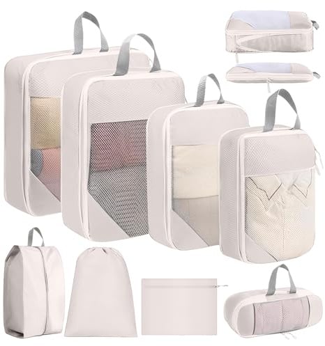 SYEXDZON Kompression Packkub för Resväskor, 8pcs Expanderbara Reseförpackningskuber för Ryggsäck, Ultralätta Researrangörer Väskor för Bärbagage (Beige)