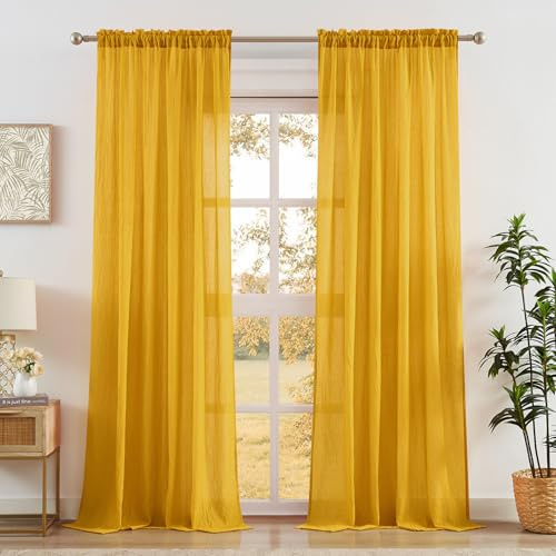 Anpark Elegant Gold Sheer Curtains 108 Inches Long for Patio Sliding Door, Living Room Natural Cotton Linen Textured Light Filtering Yellow Semi Sheer Curtains Drapes, W52 x L108 in, 2 Panels