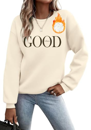 Godoboo Pullover Damen Sweatshirt Fleecepullover Sport Baumwolle Sweatpullover Buchstaben Print Herbst Pulli Basic Thermo Casual Ohne Kapuze