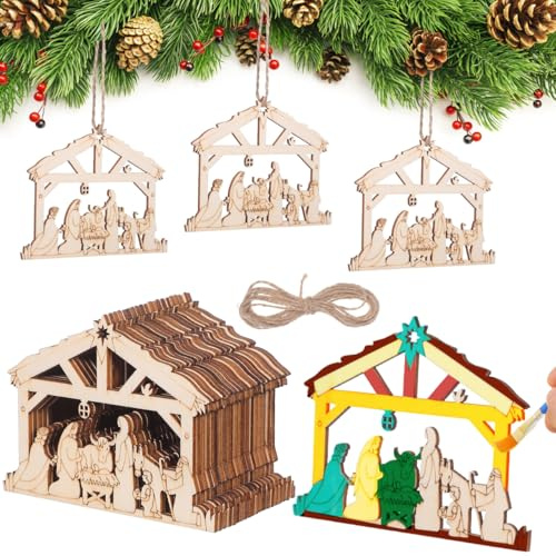 WRITWAA Christmas Nativity Scene Ornaments Set 20 Pcs Wooden Hanging Decorations 3D Christian House Shape Pendants for Xmas Tree Door Window Birth of Jesus Decor