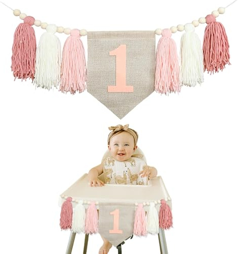CHIHOLEN 1. Geburtstags Hochstuhl Banner, Geburtstagsdeko 1 jahr, Handgemachte Boho Deko, Vintage Leinen Girlande für Mädchen & Jungen, für Baby Party und Dusche (Rosa)