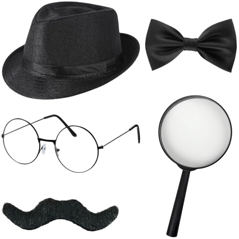 AIWXEEU 5 Stück Detektiv KostüM ZubehöR Set, Detektiv KostüMs ZubehöR Set mit Hut Brille Falscher Schnurrbart Lupe Fliege Cosplay Requisiten füR Fasching Karneval Cosplay Party