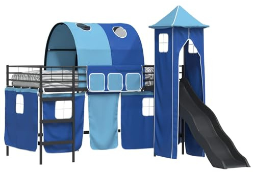 HFXHIJXQ Hochbett 90x200 cm Schwarz Blau Metall mit Rutsche Turm Vorhängen Spielbett für Kinderzimmer Modernes Design Robustes Metall Rahmen Stauraum für Mädchen Junger