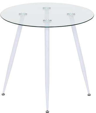 MOG CASA Mesa de Comedor Fija Redonda Corin | 90 x 90 x 75 cm | Ideal para Cocina o Salón | Ideal para 2 a 4 Personas | Tablero de Cristal Transparente | Patas de Metal en Blanco