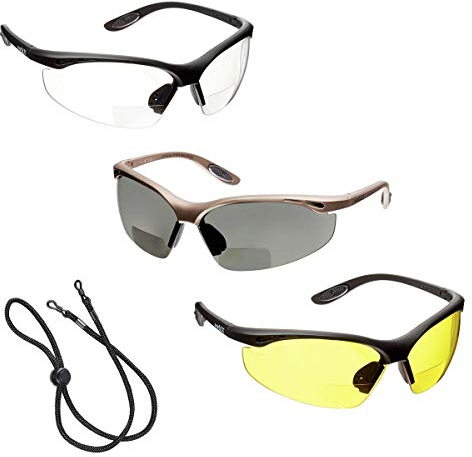 voltX 3x Constructor BIFOKALE Schutzbrille mit Lesehilfe (+2.0 Dioptrie klare, gelbe and polarisiert Scheibe) CE EN166F Sportbrille für Radler, enthält Sicherheitsband mit headstop