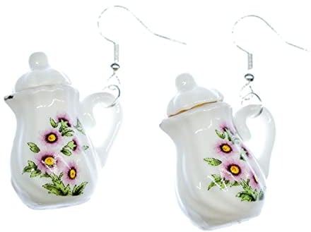 Pot Earrings Miniblings Teapot Can Coffee Porcelain Ceramic Flower Gold Rim