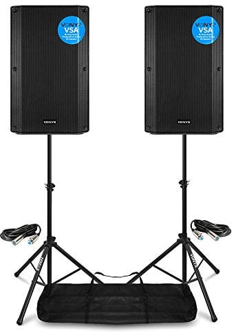 Vonyx VSA12 Active DJ Speaker System - Pair of 12 1600W Bi-Amplified Powered PA Speakers with Cables, Stands & Carry Bag for Stands- For Live Sound & DJ Equipment Setups