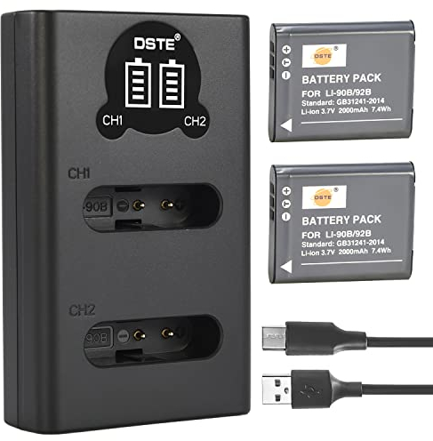 DSTE Rechargerable Battery (2-Pack) 2000mAh/7.4Wh, Smart LED Dual USB Charger (LCD Display, Micro-USB & Type-C ports) Compatible with Olympus SH-50, SH-60, SP-100, TG-1, TG-2, TG-3, TG-5, TG-6