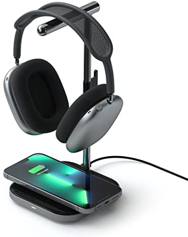 SATECHI 2-in-1 Headphone Stand with Wireless Charger – USB Type-C Output Port and Magnetic Wireless Charger – Compatible with iPhones 16/15/14/13/12 and Other Qi-Enabled Devices