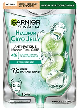 GARNIER Skin Active - Masque Visage Tissu Gélifié Hyaluron Cryo Jelly - Anti-Fatigue & Effet Rafraîchissant - Glycérine, Menthol & Acide Hyaluronique - Vegan & Cruelty Free - Peaux Fatiguées - x1