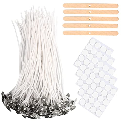 Kerzendocht, 100 Stück kerzendochte für Kerzen Selber Machen, 5 Blätter Kerzendocht Aufkleber 5 Stück Dochthalter aus Holz Kerzendocht Set, 6 IN