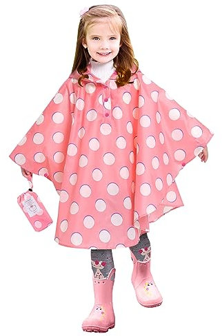 LAMA Regenponcho Kinder, Regenmantel Mädchen Leichter Kinder Regenjacke, Wiederverwendbar Regenbekleidung Regencape mit Kapuze, Raincoat für Fahrrad Wandern Camping, Rosa Punkte L