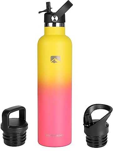 Polarscape Stainless Steel Large Water Bottle with Straw - Large Flask, Includes 3 Lids, 2 Straws, and Straw Brush - Insulated, Narrow Mouth, Double-Walled, BPA Free, Leak Proof - 1L Sunny Sorbet