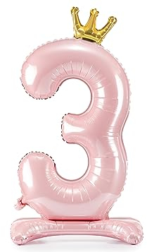 Folienballon 3. Geburtstag XXL Ballon 3 Pink mit Standfuß selbststehend Ballon 3 Geburtstag Mädchen Kindergeburtstag Luftballon Zahl 3 Rosa mit goldener Krone