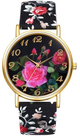 JewelryWe Uhren Damen Leder Blumen: Rot Schwarz Böhmische Blumendruck Analog Quarz Armbanduhr Frauen Mädchen Lässige Uhr mit Rundem arabischen Ziffern Zifferblatt und Bedruckt Leder Armband
