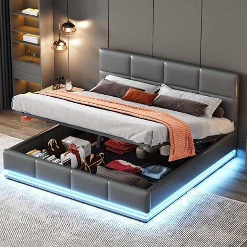 HYUB Polsterbett 160 x 200 cm mit Lattenrost aus Metallrahmen und Bettkasten, Boxspringbetten Hydraulisch Doppelbett mit Höheverstellbarem Kopfteil, Bettgestell mit Stauraum, Grau (Ohne Matratze)