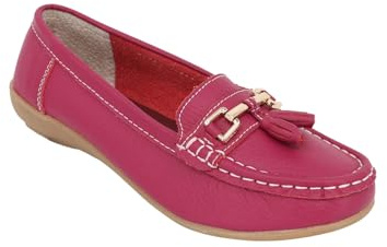 Chums Ladies Nautical Leather Loafers, Wide Fit Slip On Shoes with Flexible Sole & Comfortable Cushion Insoles Fuchsia 7 UK