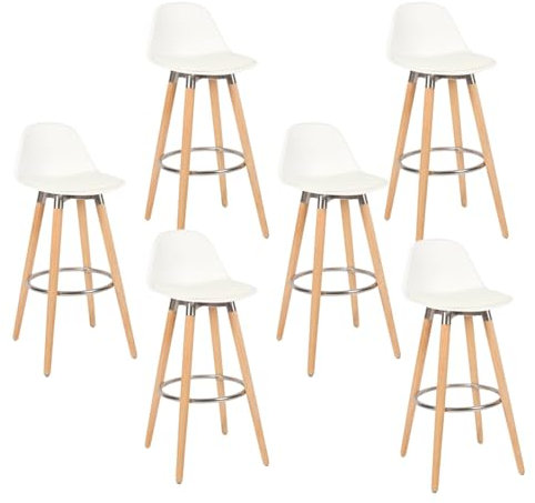 Box and beyond - Lot de 6 Tabourets de Bar - Hauteur 91 cm - Bois, Métal et Plastique Blanc - Repose-Pieds - Cuisine, Salon, Salle à Manger, Ilot de Cuisine, Bar - Style Moderne et Contemporain