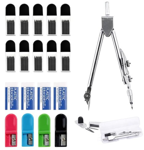 RobLuX 200 Stück 2B Zirkelminen Zirkel Ersatzminen Zirkelminen 2mm Durchmesser Kommt mit 1 Kompass 4 Radiergummi und 4 Zirkelspitze für Mathematische Zeichnungserstellung