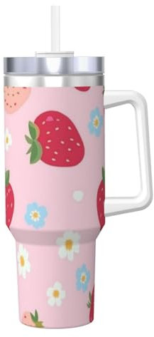 Zsuugj Strawberries 40 Oz Tumbler With Handle And Straw Lid Car Cup Stainless Steel Water Bottles Insulated Coffee Cup Travel Mug Gifts For Men Women