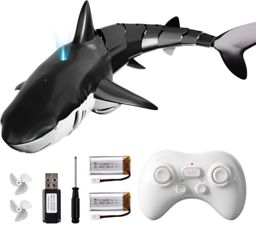 BLmukce 2.4GHz Remote Control Shark Toy for Pool, 1:18 Scale High Simulation RC Shark with Light & Spray Water, Electric Remote Controlled Swimming Toy Boat for 6 7 Year olds Kid Boys (Black)