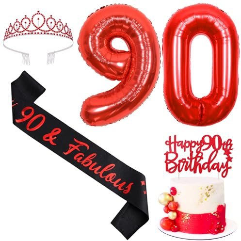 Sursurprise Rot und Schwarz 90. Geburtstag Dekorationen für Männer Frauen, 90. Geburtstag Schärpe und Tiara, Cake Topper, Ballon, 90 Jahre alt Bday Party Supplies