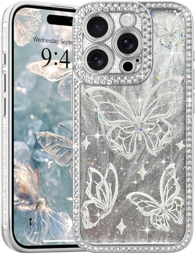 L-FADNUT for iPhone 16 Pro Glitter Case Diamond Butterfly TPU, Silver | Lovely Butterfly Pattern Bling Rhinestone Phone Case, Camera Protection Sparkly Slim Soft Silicone Back Cover for Women Girls