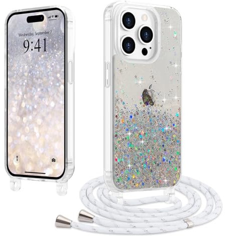 LCHULLE for iPhone 15 Pro Max Case,Adjustable Crossbody Lanyard Phone Case with Strap,Women Girls Cute Clear Necklace Bling Glitter Sequin Cover for iPhone 15 Pro Max 6.7,Clear