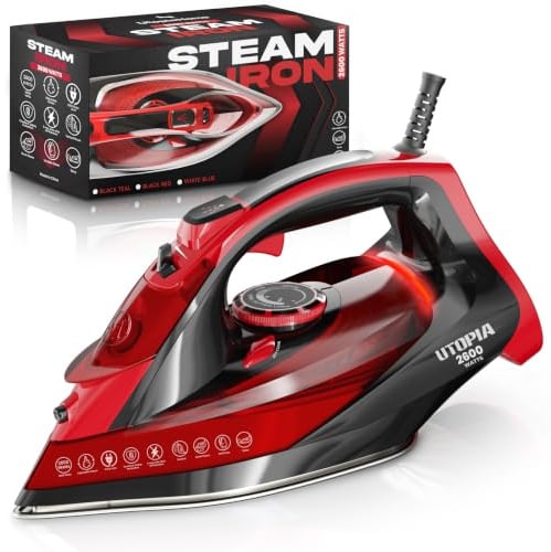 Utopia Home Steam Iron for Clothes - Non-Stick Soleplate - 2600W Clothes Iron With Auto-Off Safety Feature - Adjustable Thermostat Control, Variable Steam Control, Self-Clean, 8 Feet Cord (Black/Red)