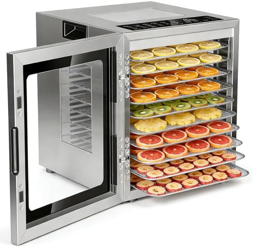 AIRFISH Dörrautomat Edelstahl 9-Schicht – 10 vorprogrammierte Lebensmittelmodi, 48h Timer, 35-75°C Temperatursteuerung, LED-Display, Ideal für Obst, Gemüse & Fleisch