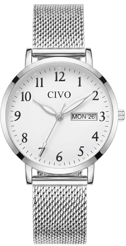 CIVO Leicht Lesbar Armbanduhr Damen: Analog Klares Zifferblatt mit Zahlen | Datum und Tag Leuchtende Zeiger Wasserdicht - Damenuhr Elegant für Casual Alltag - Geschenke für Ehefrau Mutter Senioren