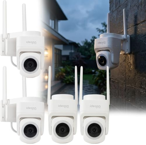 ideoon 4er-Set Outdoor Überwachungskamera 2K WLAN IP65 Wetterfest: 355 Grad Aussen-Kamera mit Personenerkennung, App, Nachtsicht & Intercom-System
