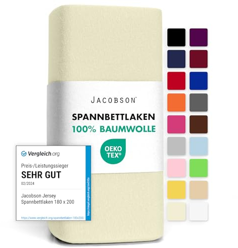 Jacobson Jersey Spannbettlaken Spannbetttuch Baumwolle Bettlaken (140x200-160x200 cm, Natur)