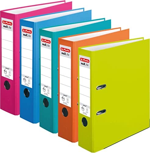 5 Stück Herlitz Ordner maX.file protect A4 8cm PP-Kunststoffbezug/Papier hellgr.besch. [ Pastellfarben Sortierung ] 5 Farben | Fuchsia, Babyblau, Tourquise, Orange Light und Maigrün strahlend
