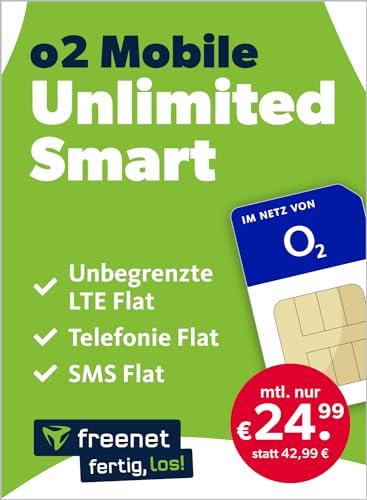 freenet o2 Mobile Unlimited Smart – Handyvertrag 24 Monate mit Internet Flat, Flat Telefonie und EU-Roaming – Aktivierungscode per E-Mail