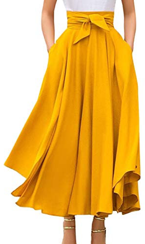 SOMTHRON para Mujeres Vintage Plisada Cintura Alta Falda Maxi con Bowknot Elegant Monocroma Skirt Falda de Verano con Volantes LargaS-2XL