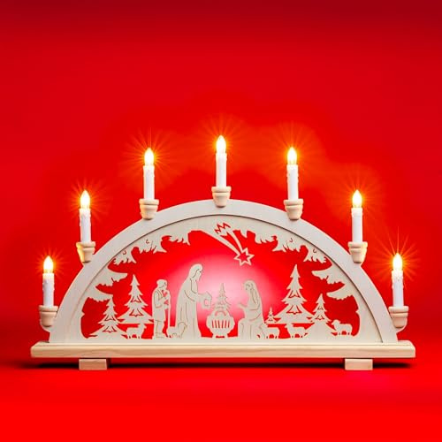 SIKORA LB12-7 klassicher Holz Schwibbogen beleuchteter Lichterbogen Motiv Heilige Familie Deko Weihnachten Breite ca. 57 cm