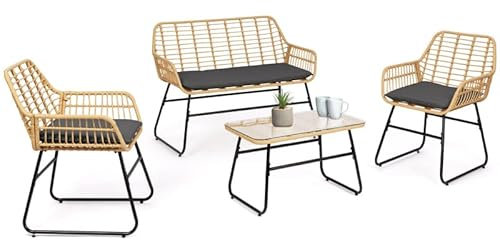 IDMarket - Lounge-Set Belem, Rattan-Optik, 4-Sitzer, mit grauen Kissen