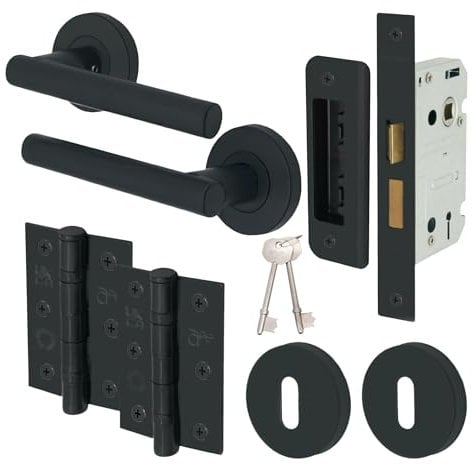 EAI Black Key Lock Door Handle Set | Round T-Bar Internal Door Handles, Sash Lock, Hinges (76mm) & 2 Escutcheons | Matt Black Oliena Range