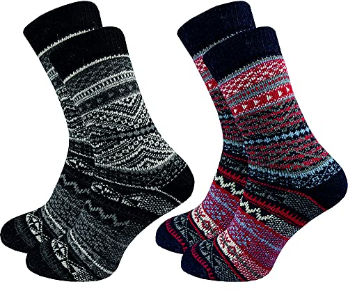 2 Paar hochwertige Damen Norweger Socken - Wollsocken – im „skandinavischen“ Look - wie selbstgestrickt - dick & warm - ohne Gummidruck - ohne drückende Zehennaht - hoher Wollanteil (39-42, farbig 1)