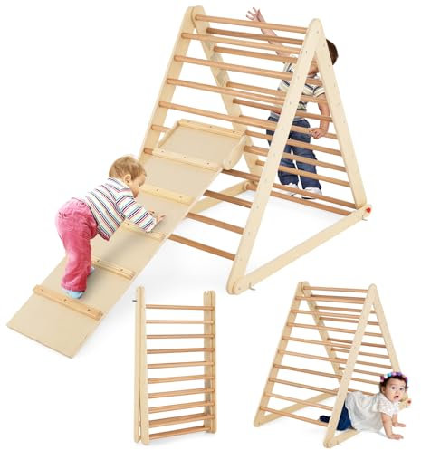 COSTWAY Triangolo a Gradini, Scala Giochi Arrampicata a Triangolo, con Scivolo, Palestra Coperta da Casa, Legno, Ideale per Bambini 3+ Anni (naturale)