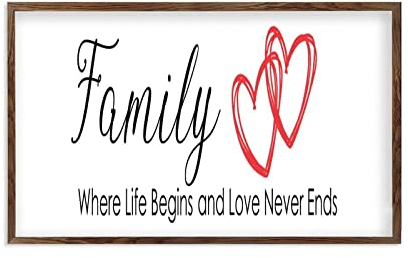 Holzgerahmtes Wandschild mit Aufschrift ''Family Where Life Begins And Love Never Ends'' Willkommensschild Haustür-Dekoration, rustikale Heimdekoration, Holzschild, hängende Palette, Holzschild,