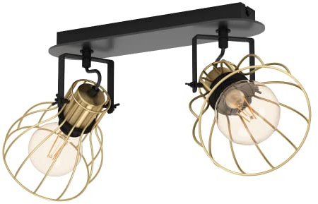 EGLO Deckenstrahler Sambatello, 2-flammige Deckenlampe mit schwenkbaren Spots, Deckenleuchte aus Metall in Schwarz und Messing-Gebürstet, Deckenspot mit E27 Fassung