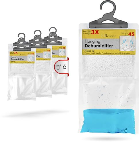 UR CHOICE Wardrobe Dehumidifier Hanging Bags, Pack of 6 Moisture Absorber for Damp, Mould & Condensation, Home Essentials Leakproof Dehumidifier for Kitchen, Bathroom, Bedroom, Office & Small Spaces