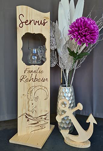 Designbysh Holzaufsteller, Holz Deko Schild Holzschild Eingangsschild mit Leuchtglas oder Solarlampe Servus, Steinbock