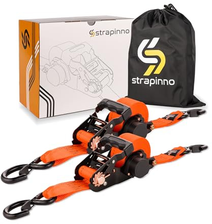 Strapinno 2PCs Retractable Ratchet Tie-Down Straps,5,000 lbs Breaking Strength - 2 in x 12 ft Heavy Duty Ratchet Strap with Safety Lock S Hooks for Motorcycles, ATVs, UTVs, Lawn Equipment & Cargo
