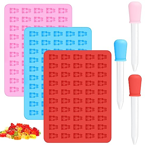 3 Stk Gummibärchen Formen, Süßigkeiten Silikonformen, Mini Schokoladenformen, Silikon Pralinenformen Backform Bär Formen Antihaft, mit 3 Tropfern, für Süßigkeiten Schokolade Gelee Gummibärchen