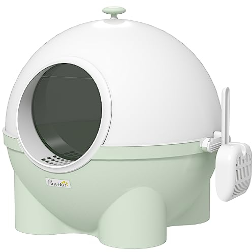 PawHut Bac à litière pour Chat Maison de Toilette Design Bicolore Avec Porte battante + couvercle Amovible + Pelle fournis 53 x 51 x 48 cm Vert et Blanc