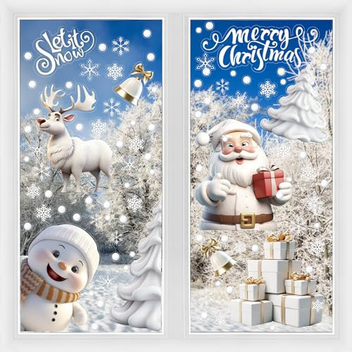DERAYEE 8 Feuilles Sticker à Effet Stéréoscopique Blanc,Noël Autocollant Fenêtre Réutilisable,Stickers Noël Fenetre PVC,Flocons de Neige Père Noël,Renne,Cloches